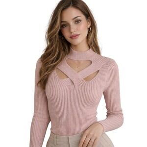 NWT White House Black Market Cutout Mockneck Ribbed Top Women S Dusty Rose Pink
